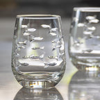 Rolf Glass School of Fish Clear Stemless Wine Glass | Set of 2 Stemless Glasses | 15oz Glass Tumblers | Engraved Lead-Free Coastal Glassware | Made in the USA