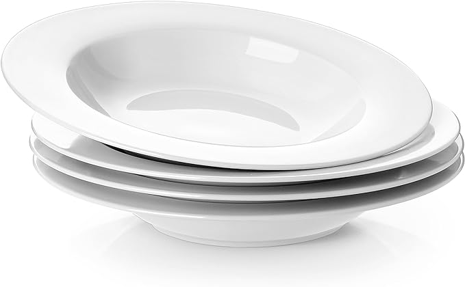 Y YHY Soup Bowls, Pasta Bowl Set of 4, White Shallow Bowl Plates, Porcelain Rimmed Bowls, 8 Inches Diameter with Rim, Mather's Day Gift