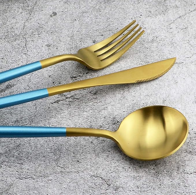 Gugrida 20-Piece 18/10 Stainless Steel Flatware Silverware, Luxury Dinnerware Set Travel Cutlery Tableware Include Knife Fork Spoon Service for 4, Dishwasher Safe (Blue Handle Matte Gold)