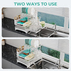 2 Tier Large Dish Drying Rack - Extendable Dish Rack, 2-in-1 Anti-Rust Stainless Steel Dishrack for Kitchen Counter and Sink, Dish Strainer with Utensil Holder & Cup Holder(White)