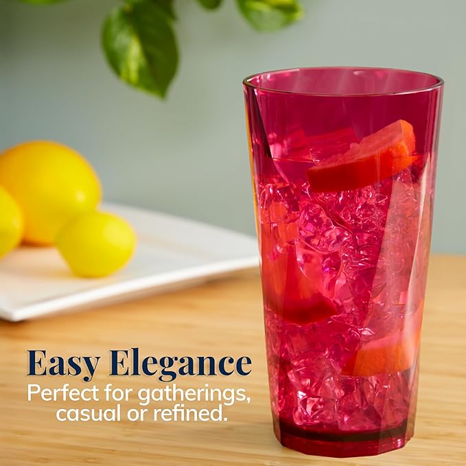 US Acrylic Optix Plastic Reusable Drinking Glasses (Set of 8) 20oz Water Cups in Jewel Tone Colors | BPA-Free Tumblers, Made in USA | Top-Rack Dishwasher Safe