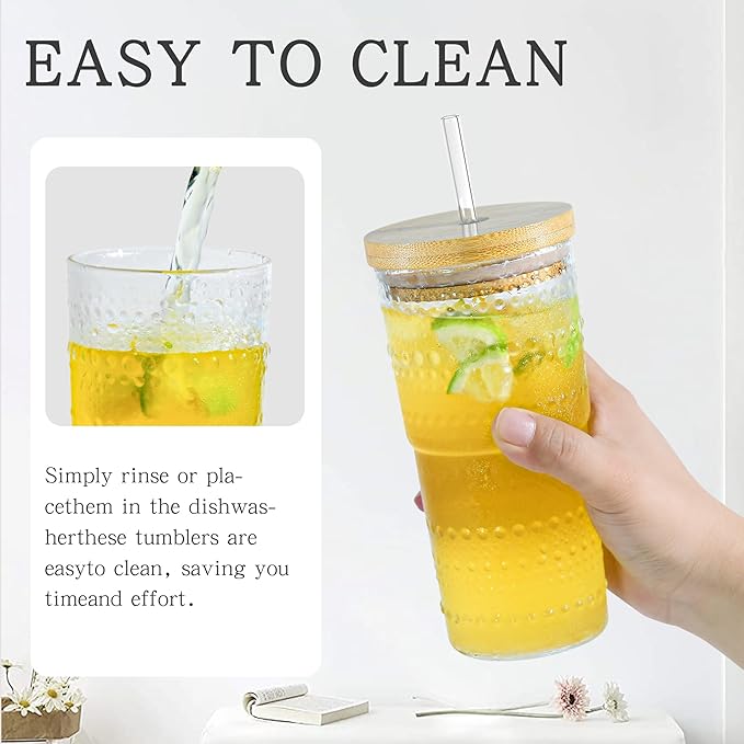2 Pack 20oz Hobnail Drinking Glasses with Bamboo Lids and Glass Straw,High Borosilicate Glass Tumbler Cup Reusable Wide Mouth Smoothie Cups,Beer, Iced Coffee Glasses, Soda