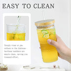 4 Pack 20oz Hobnail Drinking Glasses with Bamboo Lids and Glass Straw,High Borosilicate Glass Tumbler Cup Reusable Wide Mouth Smoothie Cups,Beer, Iced Coffee Glasses, Soda