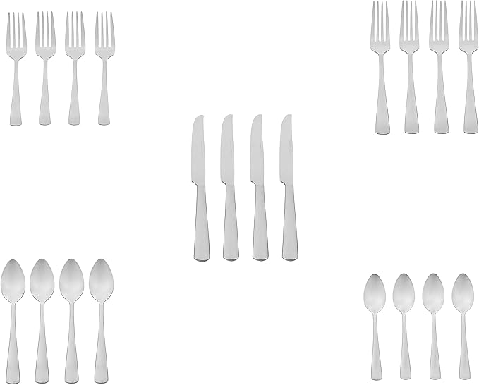 Amazon Basics 20-Piece Stainless Steel Flatware Set with Square Edge, Service for 4, Silver