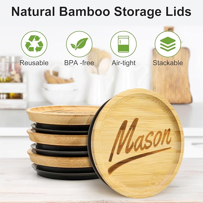 12 Pcs Reusable Regular Mouth Lids & Wide Mouth Mason Jar Lid Canning Supplies Bamboo Lid for Large Mouth Mason Jars Tops Glass Cups Small Wooden Silicone Airtight Covers Decorative Jar Lids