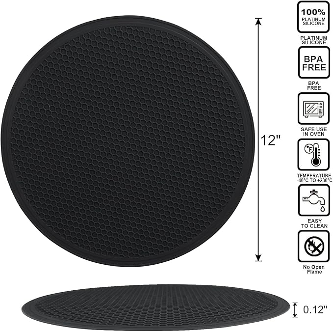 Silicone Microwave Mats, 12" Extra Large Multi-Use Microwave Mat Heat Resistant Silicone Trivet Mat Pot Holders Hot Pads for Kitchen, Silicone Cover Pad for Microwave Oven Hot Pot Pans, Black 2Pack