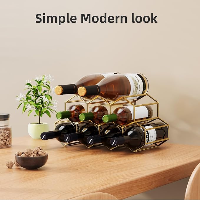 Urban Deco Small Gold Wine Rack 9 Bottle Holder Countertop - No Need Assembly Modern Metal Wire Wine Storage for Counter Top Table Top Coffee Bar Kitchen