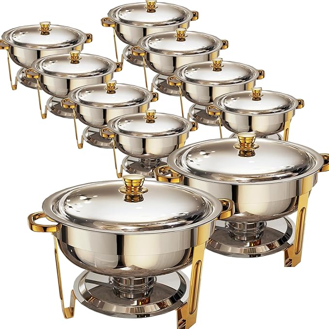 Chafing Dishes for Buffet 10 Pack, 6QT Round Chafing Dish Buffet Set Stainless Steel Buffet Food Warmers Sets for Catering Events Parties Dinners with Complete Set,Gold and Silver (10)