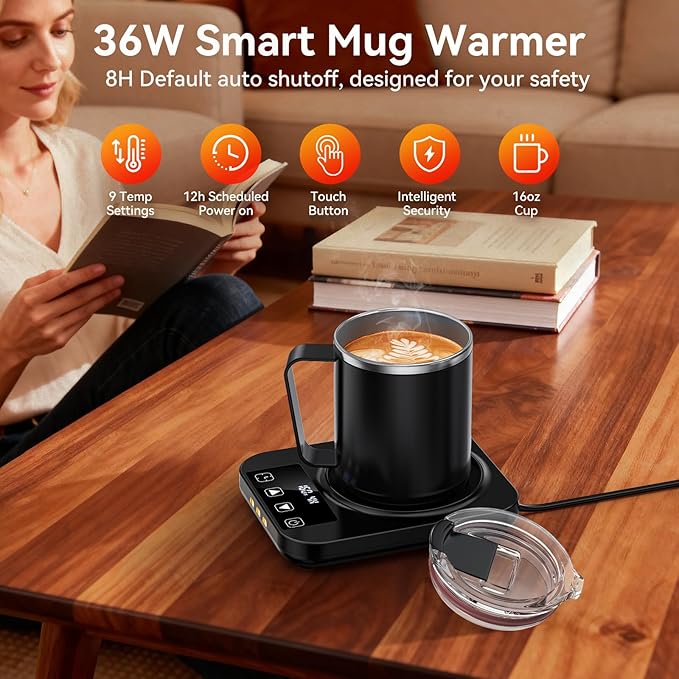 Coffee Mug Warmer & Mug Set for Desk, Electric Coffee Cup Warmer with 16oz Heated Mug, Temperature Control Smart Coffee Heater with Auto Shut Off & 9 Temp Settings, Gifts for Men Women, Black