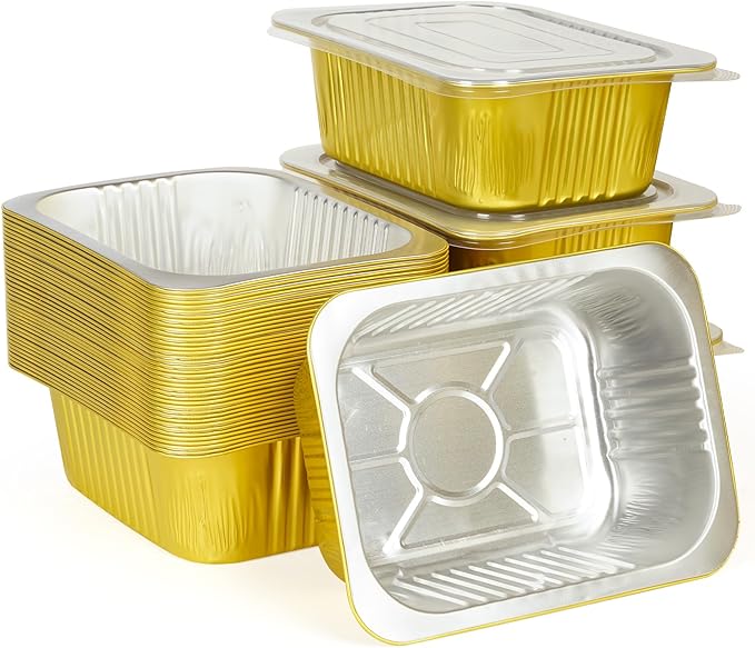40 Pack 3 LB Gold Aluminum Foil Pans with Lids, 8.7"×6.6"×2.5" Heavy Duty Aluminum Foil Baking Pans, Tin Foil Food Container for Baking, Heating, Cooking, Roasting, Meal Prep, Freezer