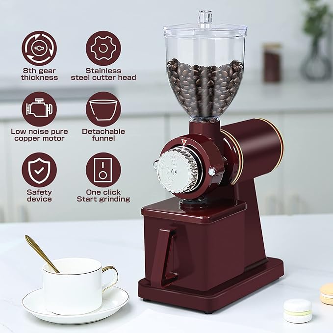 YaeMarine Professional Electric Coffee Grinder Coffee Bean Powder Grinding Machine Coffee Grinder Mill Grinder Thickness Adjustable (Red)