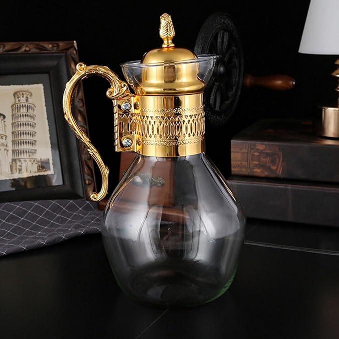 Fockety Vintage Turkish Coffee Pot Set, Decorative Glass Teapot, Heatable Glass Tea Kettle with Lid and Cup, Multi-Purpose Beverage Kettle, Unique Design, Gold