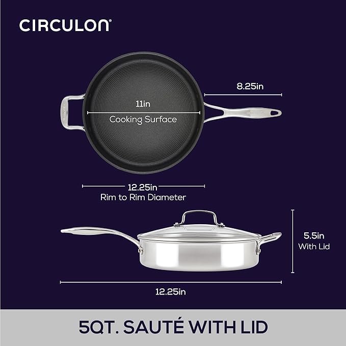 Circulon C1 Series Clad Stainless Steel with ScratchDefense Technology Cookware Nonstick Induction Saute Pan with Lid and Helper Handle, Metal Utensil Safe, 5 Quart - Polished Stainless Steel