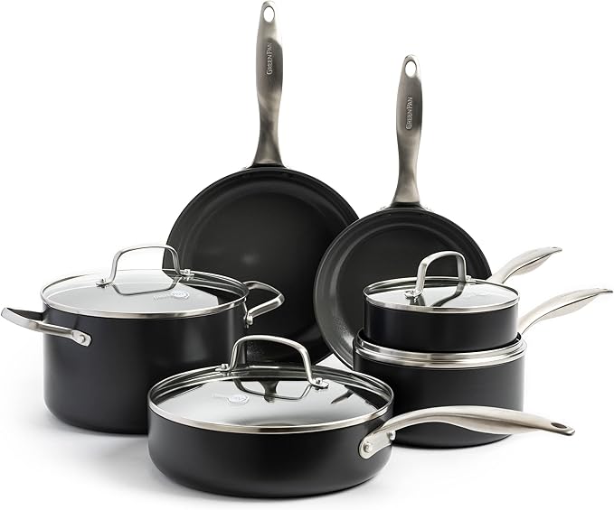 GreenPan Canterbury Hard Anodized Healthy Ceramic Nonstick, 10 Piece Cookware Pots and Pans Set, PFAS-Free, Dishwasher Safe, Oven Safe, Black