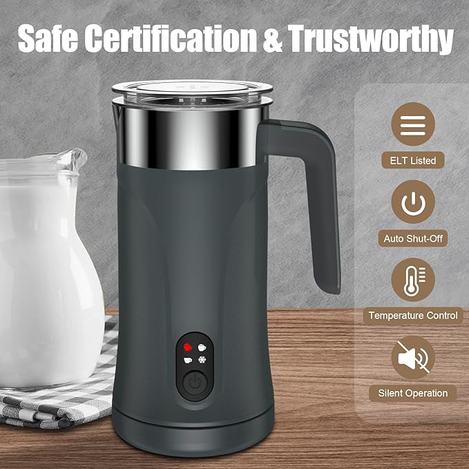 Milk Frother, 4-in-1 Milk Frother and Steamer, 10.1oz/300ml Automatic Hot and Cold Foam Maker and Milk Warmer, Electric Milk Frother for Coffee, Latte, Cappuccino, Matcha(Slate Gray)