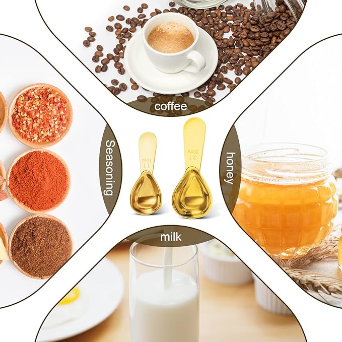 Stainless steel coffee scoop 2-piece set (1 tbsp, 2 tbsp) durable Tablespoon, ergonomic measuring spoon, Suitable for small and large jars，short-handled spoon (Gold)
