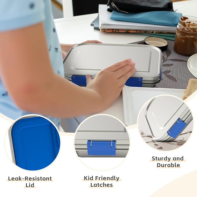 Stainless Steel Kids Leak-Resistant Bento Lunch Box, 3-Compartments with Silicone Container, Dishwasher-Safe, Child-Friendly Design for School, Picnics & Travel,BPA-Free (Blue)