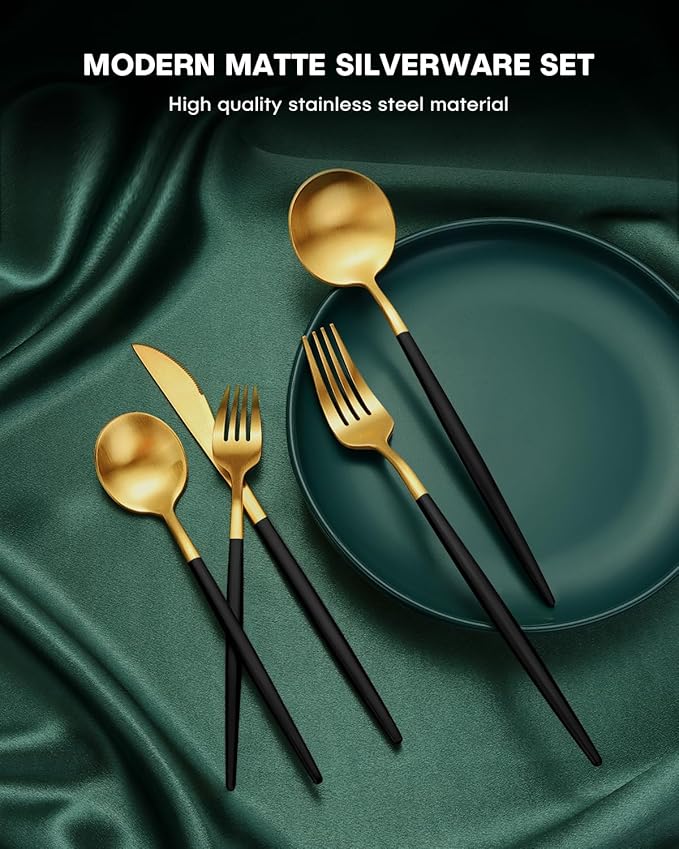 EUIRIO 60-Piece Silverware Set for 12, Stainless Steel Flatware Set Matte Black Gold, Modern Brushed Thick Cutlery Set with Spoons Forks and Knives, Utensil Set for Home Kitchen Hotel Dishwasher Safe