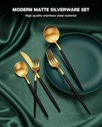 EUIRIO 30-Piece Silverware Set for 6, Stainless Steel Flatware Set Matte Black Gold, Modern Brushed Thick Cutlery Set with Spoons Forks and Knives, Utensil Set for Home Kitchen Hotel, Dishwasher Safe