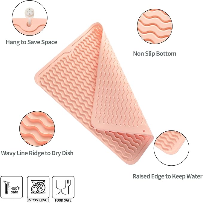 Silicone Dish Drying Mat for Multiple Usage,Easy clean,Eco-friendly,Heat-resistant Silicone Mat for Kitchen Counter or Sink,Refrigerator or drawer liner Pink L 16 inches x 12 inches