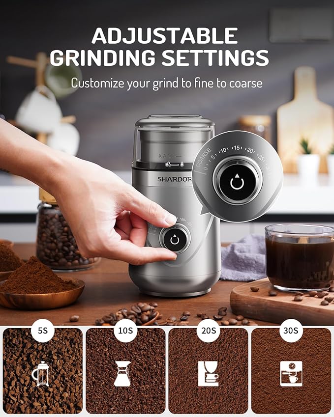 SHARDOR Electric Super Silent Blade Coffee Grinder, Timed Grind Control Rotary Knob, Adjustable Coarse to Fine for Coffee Beans, Spices & Herbs, with 2 Removable Stainless Steel Bowl, Silver