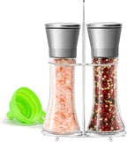 Salt and Pepper Grinder Set - Stainless Steel Refillable Salt & Peppercorn Shakers (2.6"W x 7.5"H - 2 Pack with Holder)