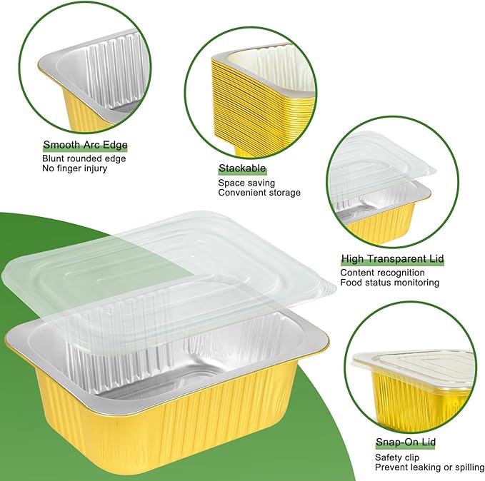 8.6"×6.5"×2.4" - 40 Pack 3LB/48oz Gold Aluminum Foil Pans with Lids Heavy Duty, Foil Food Containers with Lids, Tin Foil Pans for Baking, Meal Prep, Freezer, Heating and Takeout
