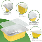 8.6"×6.5"×2.4" - 40 Pack 3LB/48oz Gold Aluminum Foil Pans with Lids Heavy Duty, Foil Food Containers with Lids, Tin Foil Pans for Baking, Meal Prep, Freezer, Heating and Takeout