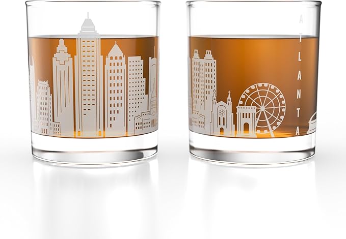 Greenline Goods – Atlanta, GA Skyline Whiskey Glasses (Set of 2), 10 oz – Rocks/Old Fashioned Tumblers
