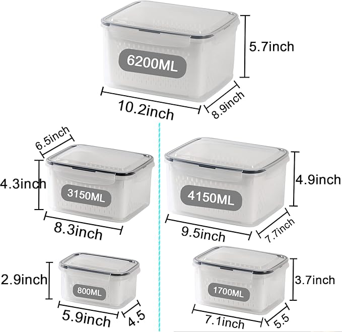 Large Fridge Food Storage Container Set with Lids with Strainer, Fruit Vegetable Storage Containers Keep Fruits, Vegetables, Berry, Meat Fresh longer, BPA-Free Plastic Produce Keepers