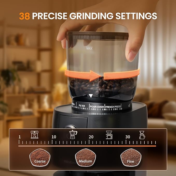 Conical Burr Coffee Grinder, Electric Coffee Beans Grinders for Home Use with 38 Grind Settings, One Touch Automatic Espresso Grinder Black