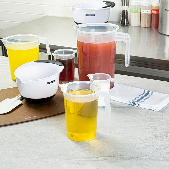 Restaurantware Measuring Cups, 1 Quart Pack of 10 Conical Spout Baking Measuring Cups, Liquid Scaling Vessels with I-Beam Handle, Embossed Graduations, Clear, Break and Crack Resistant for Baking