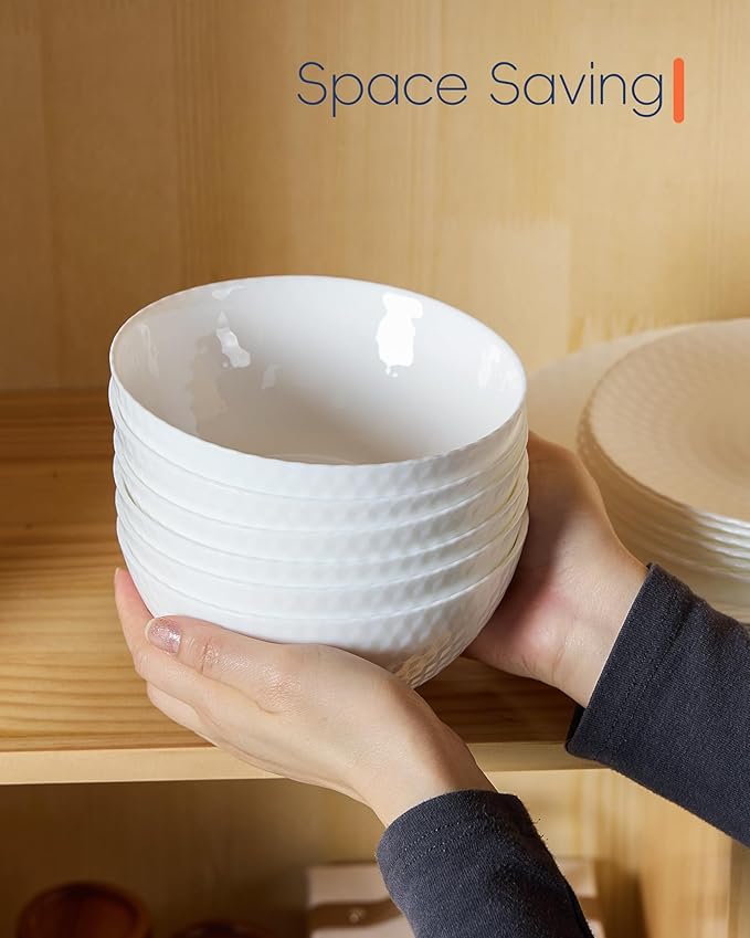 20 OZ Max White Opal Glass Cereal Bowl Set of 6, Thin Light & Durable 6 inch Dishwasher & Microwave Safe Round Geometric Faceted Bowls for Kitchen, Salad, Soup and Rice