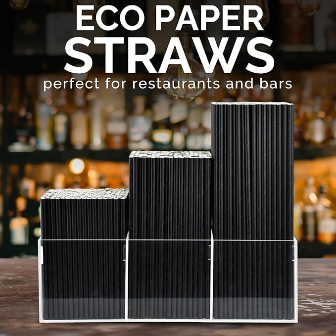 10 inch Long Disposable Black Paper Cocktail Straws & Stirrer Sticks, 250 Counts, Unwrapped - for Tall Drinks, Bars and Restaurants