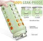 MUKOKO 64oz Glass Water Bottles with Straw and Lid,Half Gallon Water Bottle with Time Marker,Large Glass Water Jug with Silicone Sleeve and Stainless Steel Handle-Green