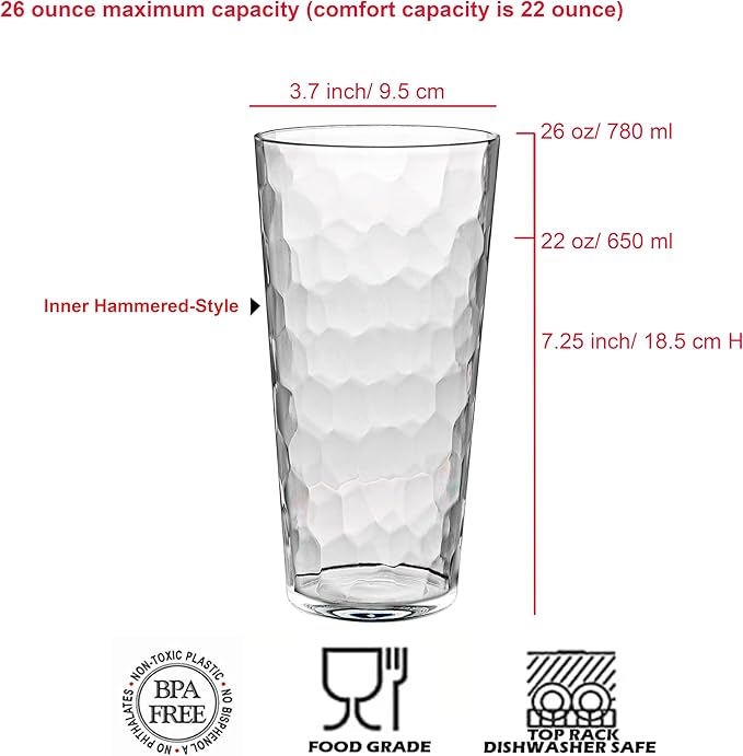KOXIN-KARLU Mixed Drinkware 26-ounce Plastic Tumbler Acrylic Water Glasses, set of 8 Clear