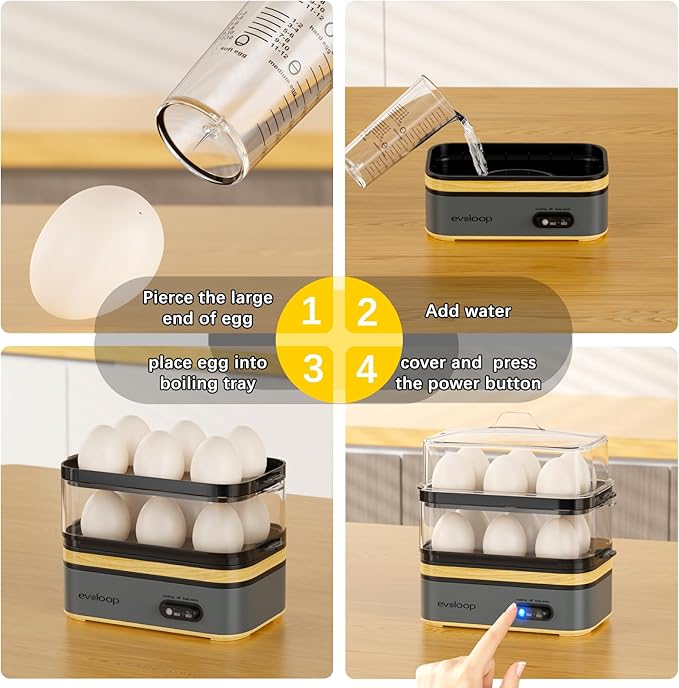 Evoloop Rapid Egg Cooker Electric 12 Eggs Capacity, Soft, Medium, Hard Boiled, Poached, Omelet Maker Egg Poacher & Vegetable Steamer, BPA Free Tray(Grey)