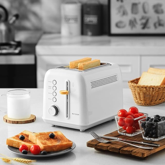 BUYDEEM DT620 2-Slice Toaster, Extra Wide Slots, Retro Stainless Steel with High Lift Lever, Bagel and Muffin Function, Removal Crumb Tray, 7-Shade Settings,Arctic White