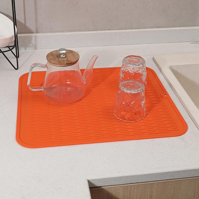 Silicone Dish Drying Mat for Multiple Usage,Easy clean,Eco-friendly,Heat-resistant Silicone Mat for Kitchen Counter or Sink,Refrigerator or Drawer Liner Orange 2XL 24 inches x 18 inches