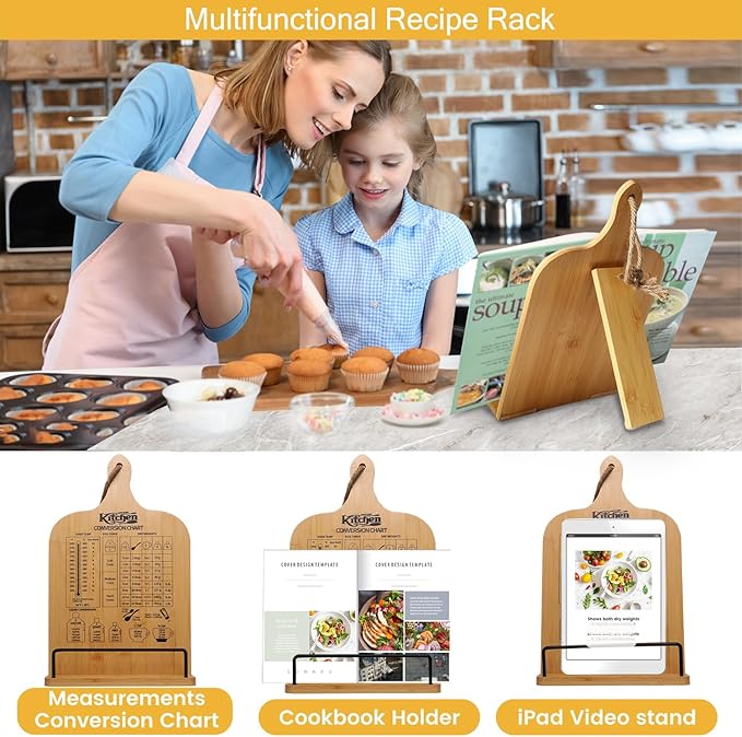 Cookbook Stand for Kitchen Counter, Bamboo Cookbook Holder, Foldable Cook Book Holder, Adjustable Recipe Book Stand, Cook Book Stand with Measurement Conversion Chart