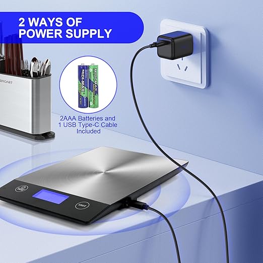 Rechargeable Food Scale, 22lb Digital Kitchen Scale for Food in Gram and Ounce, 0.1oz/1g Precise, 304 Stainless Steel, Perfect for Meal Prep, Cooking, and Baking, Batteries and Charging Cable