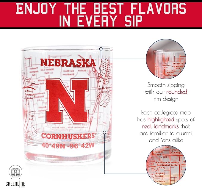 Greenline Goods – University of Nebraska Cornhuskers College Whiskey Glasses (Set of 2), 10 oz – Full-Color Logo + Campus Map