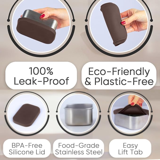 Flexibento - Leak proof Stainless Steel Lunch Box | Lunch Containers| Bento Box | 25 OZ, 2 * 12OZ, 2 * 1.5 OZ set |Snack Containers |Metal Lunch Box |SIlicone Lids|Meal Prep - Mocha Brown