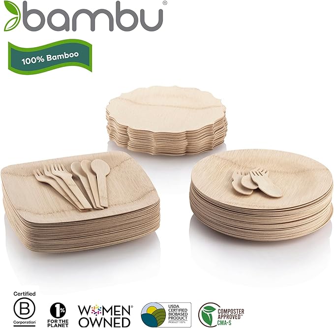Bambu Pack of 25 - 7 Inch Disposable Bamboo Plates Square, Biodegradable Eco Friendly Products, Bamboo Disposable Plates for Events, Compostable Plate