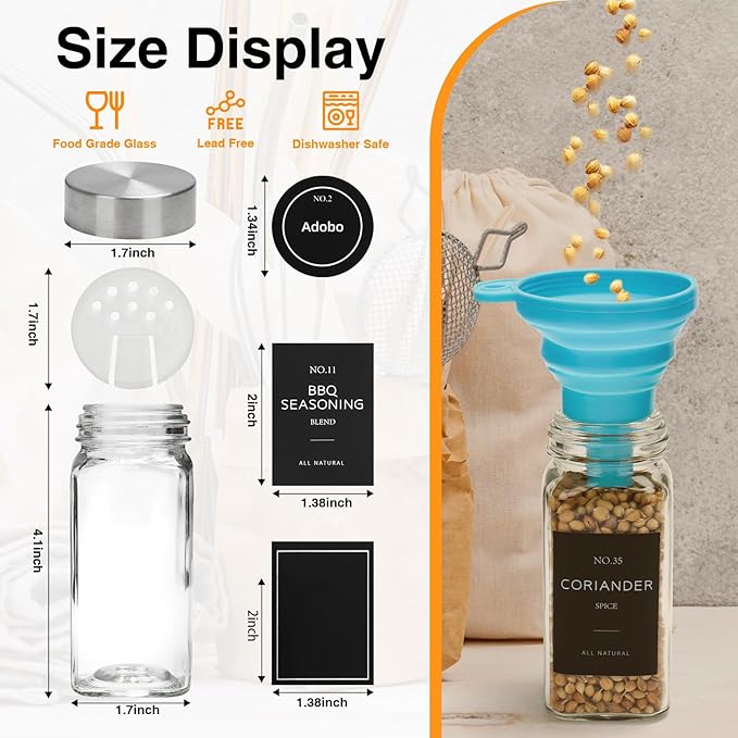 12 Pcs Glass Spice Jars with Label, 4oz Spice Jars with Lids, Seasoning containers Set, Comes with spice bottle caps, Silicone Collapsible Funnel,chalk, for Spice Rack, Cabinet, Drawer