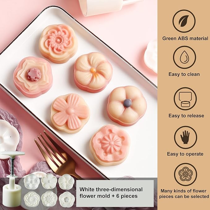 Moon Cake Mould Set,Includes12 pcs Sakura flower pattern base and 2 Pieces Bath Bombs Press,Mid Autumn Festival DIY Hand Press Cookie Stamps Pastry Tool Moon Cake Maker(50g) White L