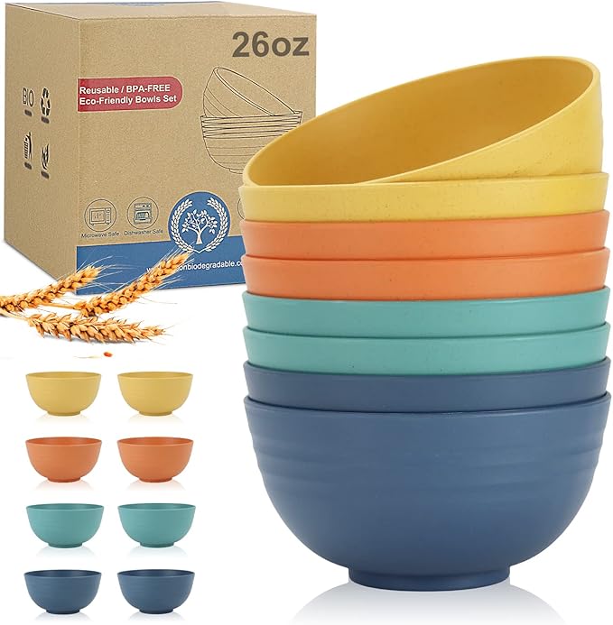 Wheat Straw Bowl Sets,8 PCS Unbreakable Cereal Bowl 26 OZ,Microwave and Dishwasher Safe Bowls,Bowl Sets for Camping and Picnic BPA Free Colorful Salad Bowls for Serving Soup,Oatmeal and Fruit Etc…