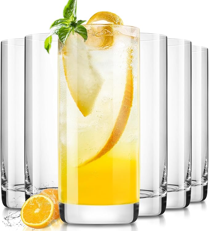 LUNA & MANTHA Drinking Glasses Set of 6, 12 OZ Highball Glasses, Lead-Free Crystal Water Glassware, Tall Glass Cups for Cocktail, Mojito, Iced Tea, Bar Glassware