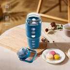 MUKOKO 32 oz Glass Tumbler with Straw,Glass Water Bottles with Time Marker,Iced Coffee Cup with Silicone Sleeve,Motivational Drinking Bottles,Leakproof-Steel Blue