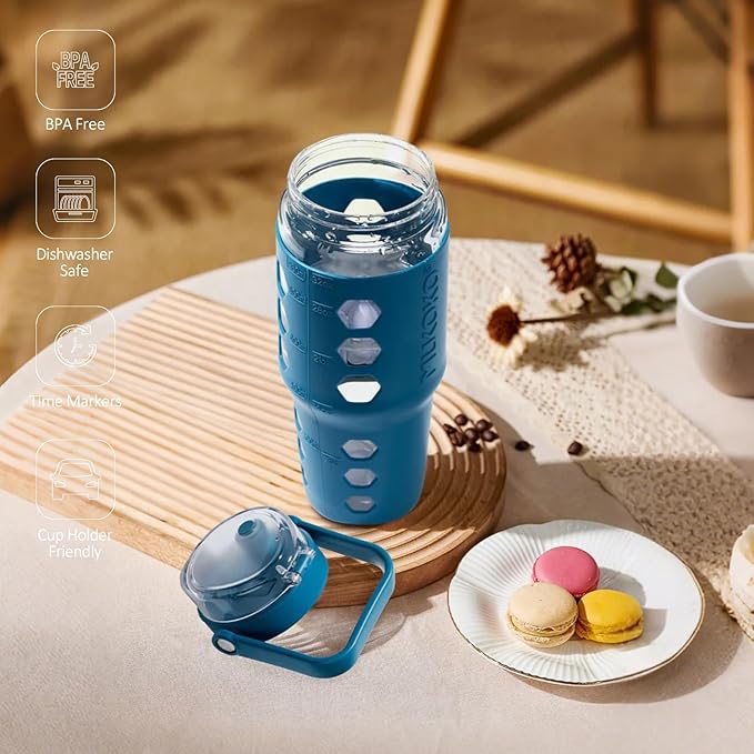 MUKOKO 32 oz Glass Tumbler with Straw,Glass Water Bottles with Time Marker,Iced Coffee Cup with Silicone Sleeve,Motivational Drinking Bottles,Leakproof-Steel Blue